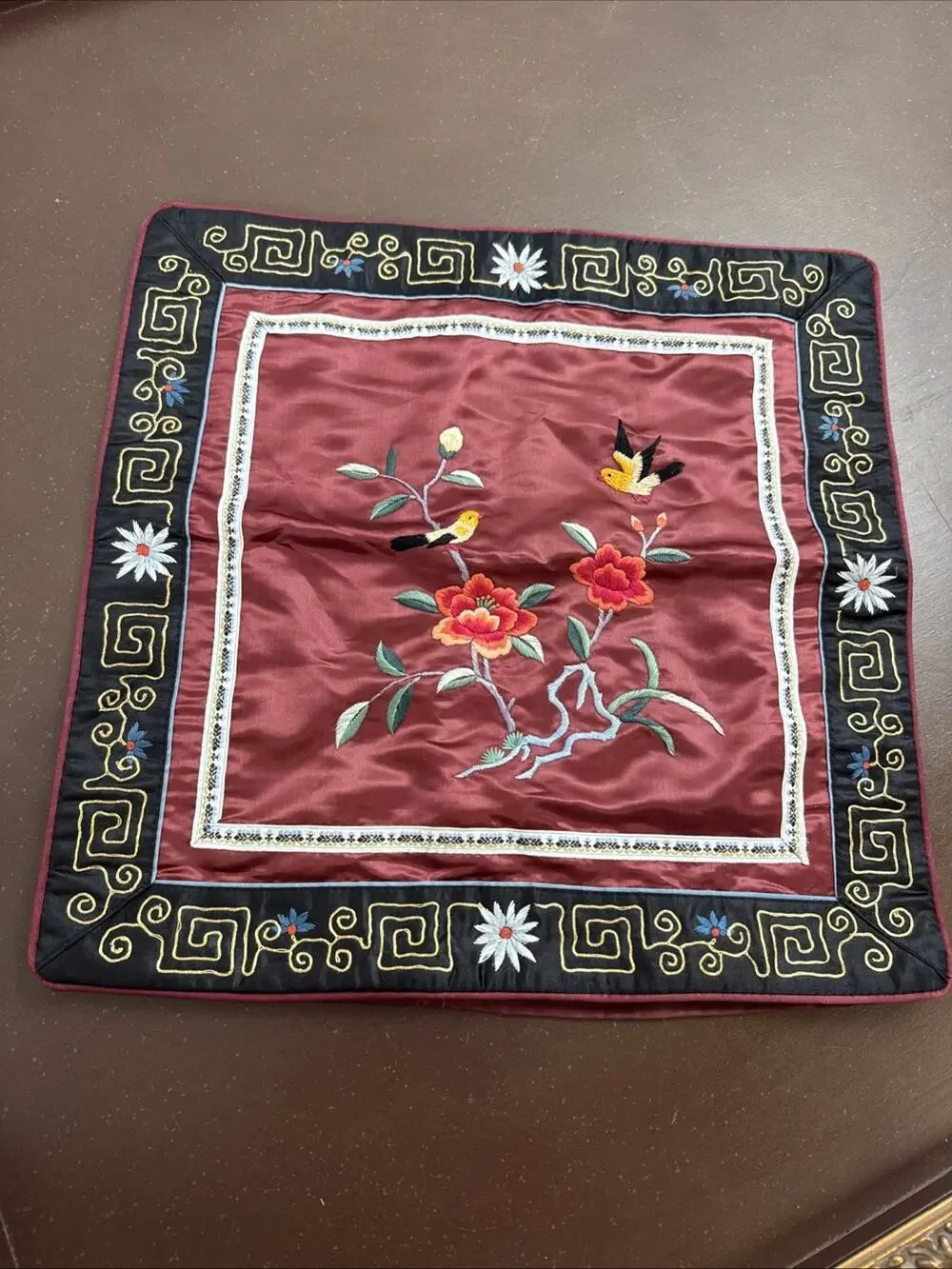 Vtg Dun Huang Beijing Silk Embroidered Pillow Cover Bird Peony Chinoiserie 16x16